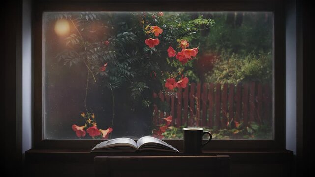 Rain and droplets streaming down the window, the sight of Chinese trumpet vines swaying in the wind and rain, a book and coffee on the table, and the soothing ASMR of the rain.
