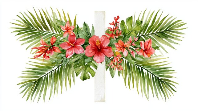 Vibrant tropical flowers and lush green palm leaves gracefully frame a stark white pillar, creating a balanced visual