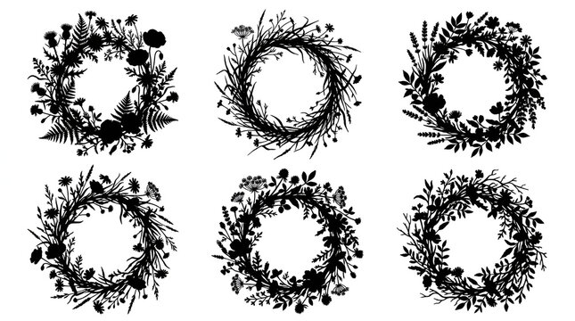 Set of Solid Black Wildflower Wreath Silhouettes on White Background