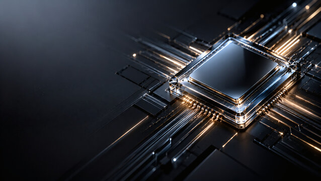 Futuristic computer processor chip with glowing circuits and dark technology background, AI generated