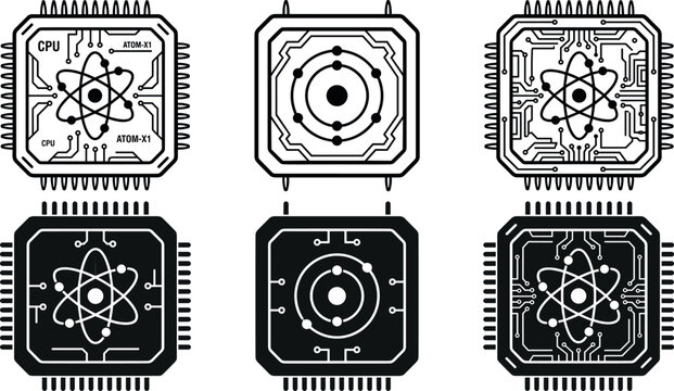Quantum computing processor and microchip CPU line and silhouette icon set for nanotechnology, semiconductor physics, circuit motherboard, and futuristic hardware technology design