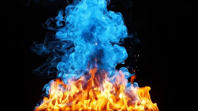 Dual color fire flames with floating sparks isolated on black background, blue fire