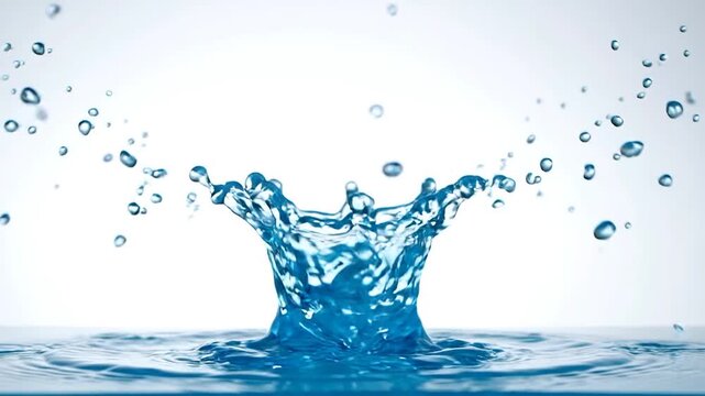 Dynamic blue water splash crown isolated on white background, speed liquid