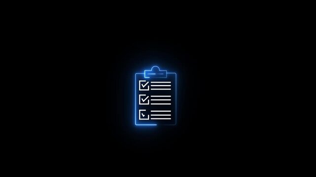 Glowing blue neon clipboard checklist icon with verified tasks and document lines on a dark background, futuristic business workflow, project management in motion graphics animation.