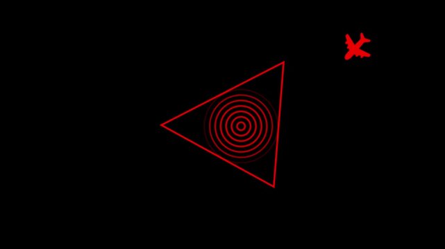 Minimalist red triangle and concentric circles pulsing motion on black background, abstract animation
