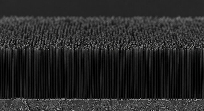 Scanning electron microscope view of vertically aligned carbon nanotubes on silicon substrate showing uniform microscopic height and ultra-black forest structure