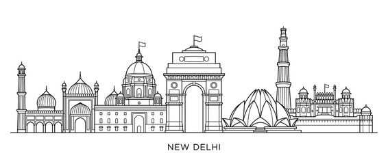 Obraz premium New Delhi Skyline Illustration: Iconic Landmarks in Black and White Outline