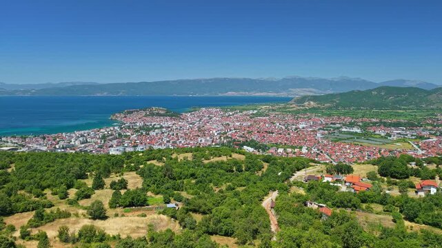 Aerial Panorama of Ohrid Between Lake Ohrid and Mountain Landscape