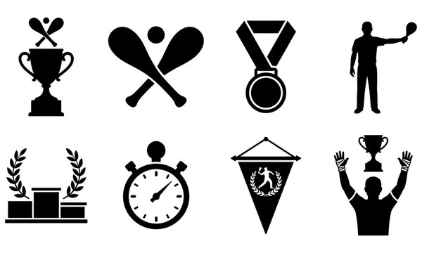 Basque pelota silhouettes set with championship trophy, crossed paleta bats, winner podium, referee, and tournament pennant icons   