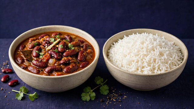Authentic North Indian Rajma Chawal Kidney Beans Curry with Steamed Basmati Rice in Ceramic Bowls