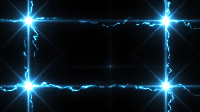 Electric blue neon grid frame with glowing lightning energy effects and lens flare overlay