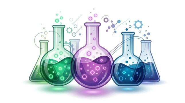 Colorful Laboratory Beakers with Bubbling Liquids and Molecules