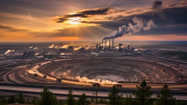 Breathtaking aerial view of a vast mining operation at sunset with heavy industrial smoke