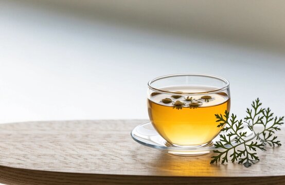 Glass cup of herbal tea with floating flowers on a light wooden table