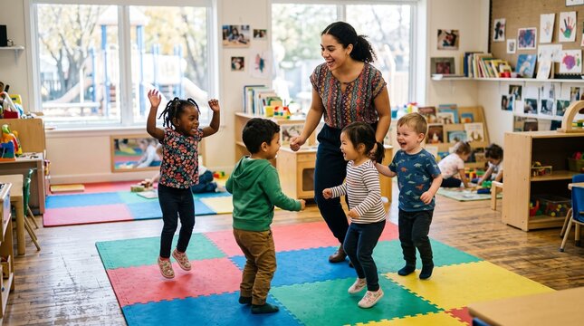 A cheerful teacher and diverse group of children jumping and playing in a brightly lit preschool classroom.