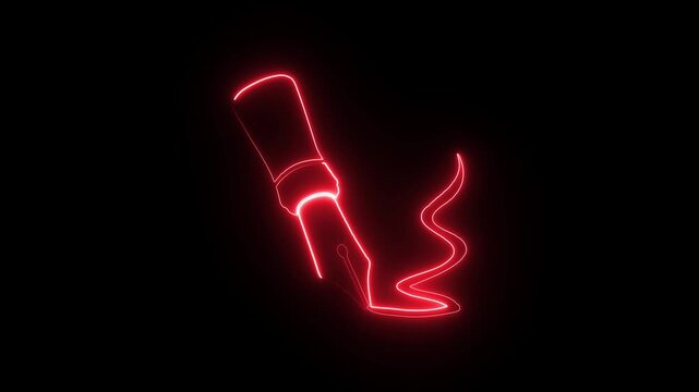 Red neon fountain pen a line, minimalist glowing animation for creative writing and education concepts