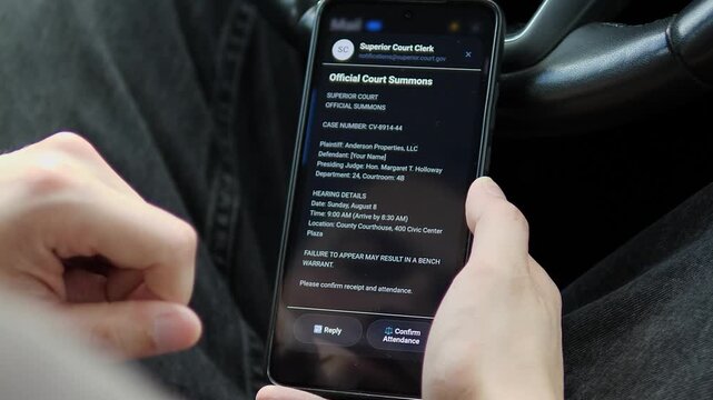 A person reads and confirms a digital court summons on a smartphone, highlighting electronic legal notices, remote case communication and the modernization of judicial services.