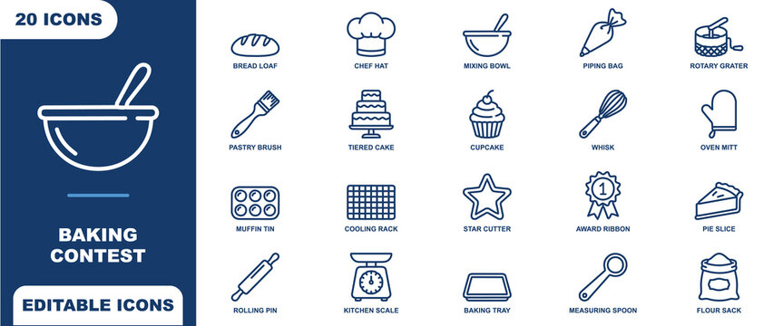 Baking contest icon sheet with 20 blue outline symbols of kitchen utensils, cakes, and tools on a white background