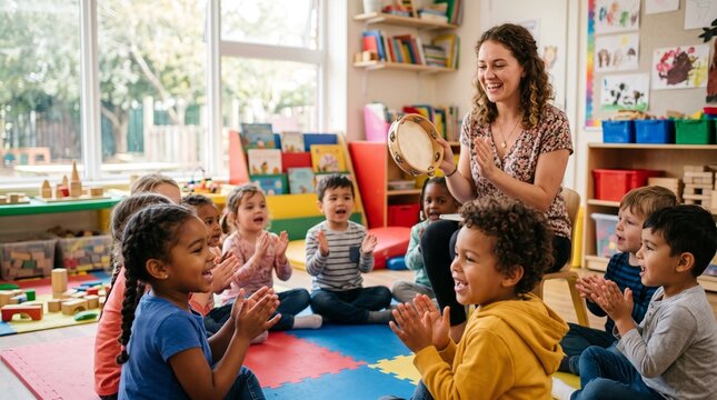 Teacher leading a group of happy children in a music class at preschool.