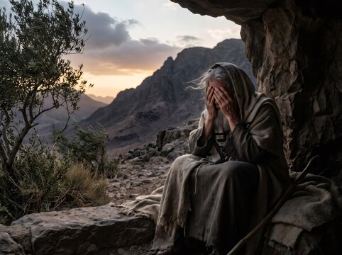 Prophet Elijah finding solace in a desert cave
