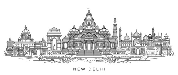 Obraz premium New Delhi Skyline Line Art - India Landmark Buildings Vector Illustration