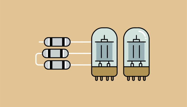 Vacuum tubes and electronic resistors connected together in an antique circuit diagram illustration design.