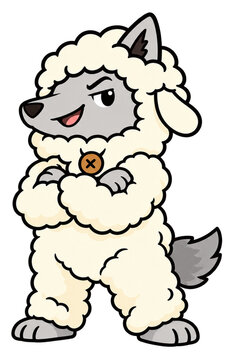 A confident cartoon wolf dressed as a sheep standing with arms crossed