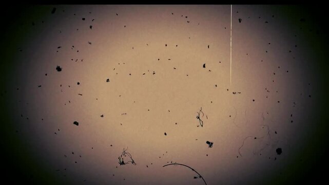 Vintage countdown leader animation footage featuring classic retro film grain scratches dust particles and old projector aesthetics moving across the screen in slow motion during cinematic playback se