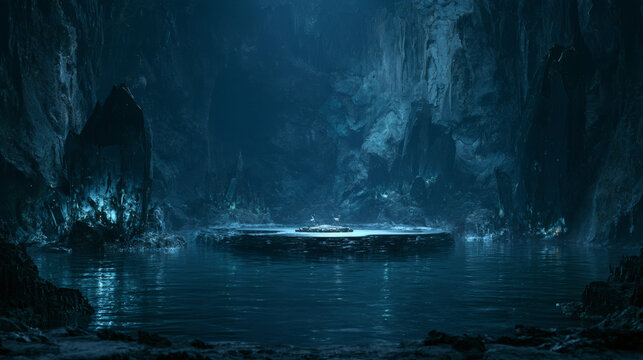 Serene Circular Podium in Subterranean Crystal Cavern Lake