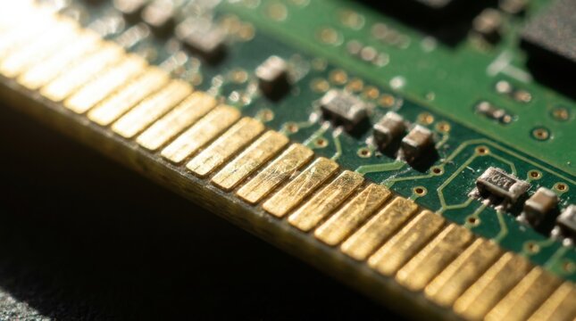 Extreme macro of a computer memory module's gold contact fingers with visible dust particles catching light.