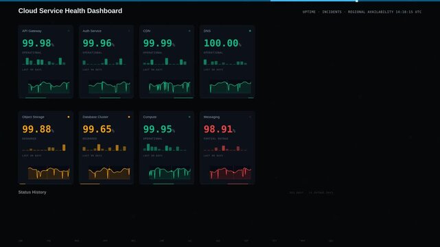 Explore an elegant cloud service health dashboard showcasing uptime incidents and regional availability in a visually engaging dark mode animation with vibrant metrics.