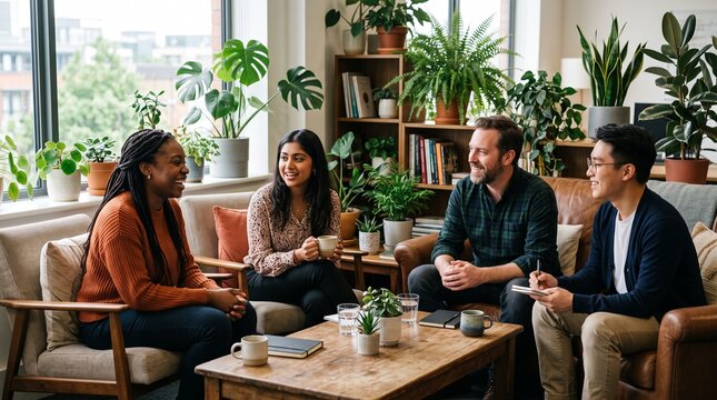 Diverse group of young professionals collaborating in a bright modern office filled with green plants.