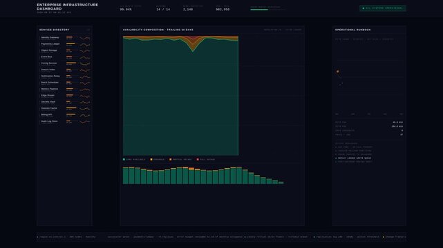 An enterprise infrastructure dashboard showcasing services availability and operational health with detailed visual analytics in a modern boardroom aesthetic.