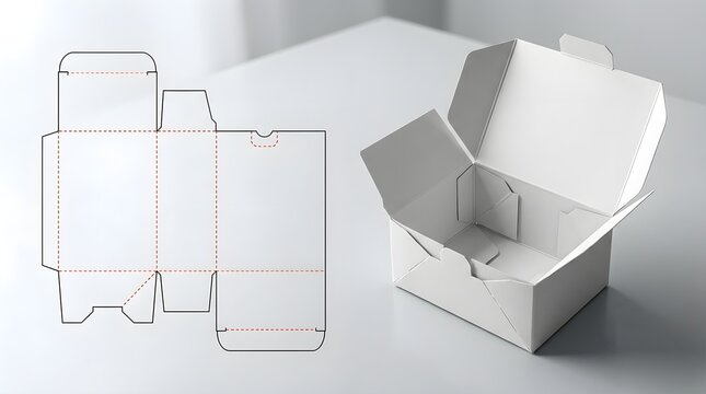 Paperboard box prototype with folding dieline template and open carton construction reference