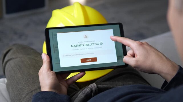 Industrial inspector saves an assembly defect report on a tablet beside a hard hat, capturing the shift toward digital quality control and real-time manufacturing accountability.