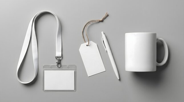 Blank corporate merchandise set with lanyard badge hang tag pen and white mug on gray tabletop