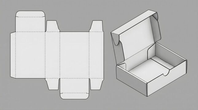 Blank folding carton dieline paired with three dimensional open box structure on gray background