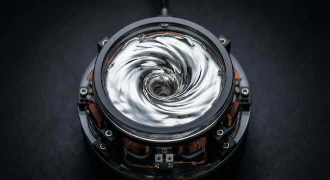 Magnetohydrodynamic liquid metal vortex pool of reflective gallium swirling over magnetic array with glossy lighting