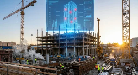 Smart construction site with glowing holographic digital twin building interface at sunset © EwaStudio