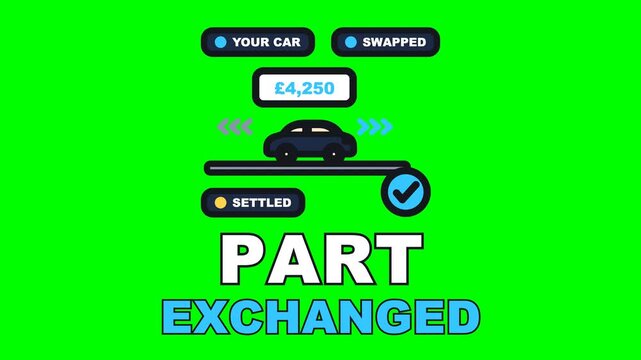 4K green screen PART EXCHANGED animated text - the old one goes out as the new one comes in and the allowance lands, kinetic typography car dealership overlay, chroma key