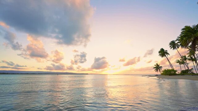 Beautiful summer sunset on a paradise island in the Atlantic Ocean. Waves crash against the shore. A palm-lined beach stretches into the sea against the backdrop of the setting sun.