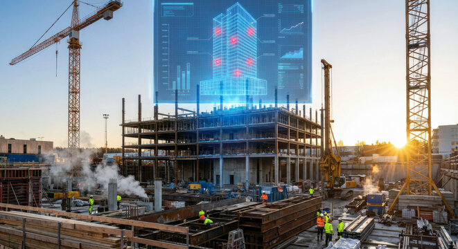 Smart construction site with glowing holographic digital twin building interface at sunset