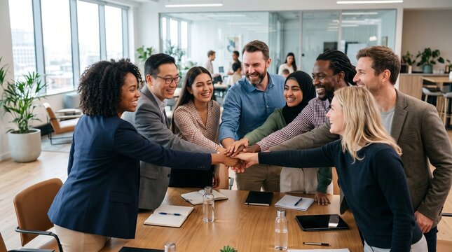Diverse group of business professionals stacking hands together in a modern office meeting room.