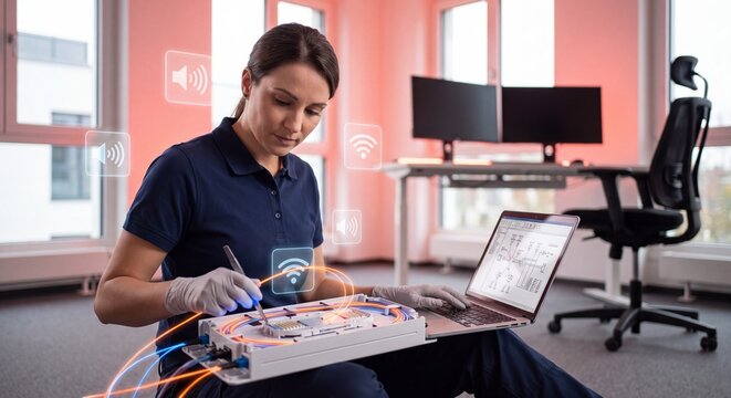 Female Technician Installing Fiber Optic Internet Network Cables
