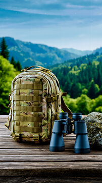 A backpack and binoculars on a wooden surface with a scenic mountainous background