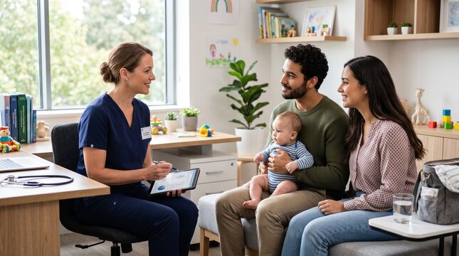 Young family with newborn baby consulting with a pediatrician in a bright medical office.