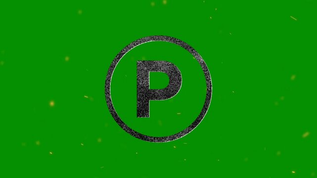 A textured letter p symbol inside a circle on a bright green background with floating particles