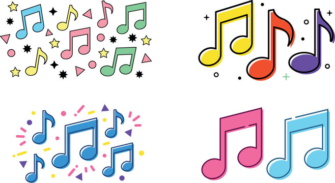 Colorful musical note icon set in playful outline and mbe style for sound melody, festival concert, party audio, and creative song design