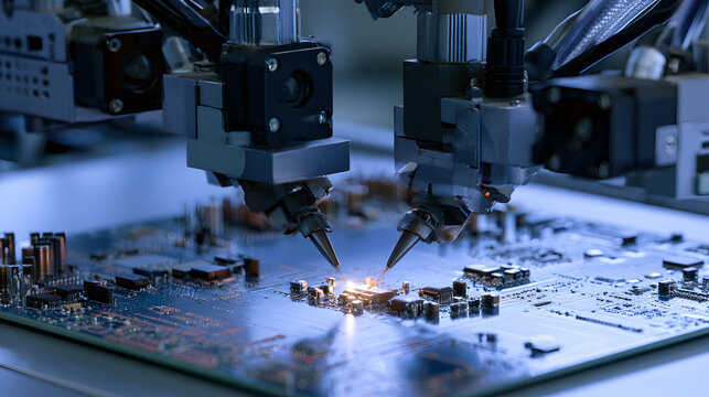 A Macro Image of Soldering Heads on Vision Cameras as Tiny Components Are Attached to a Printed Circuit Board by an Automated Electronics Assembly Line. Pivotal Surface Mount Technology in Action