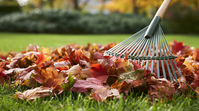 A close-up image of a garden rake collecting a vibrant assortment of autumn leaves on a verdant lawn in a residential garden setting, symbolizing seasonal yard care, gardening activities, fall cleanup